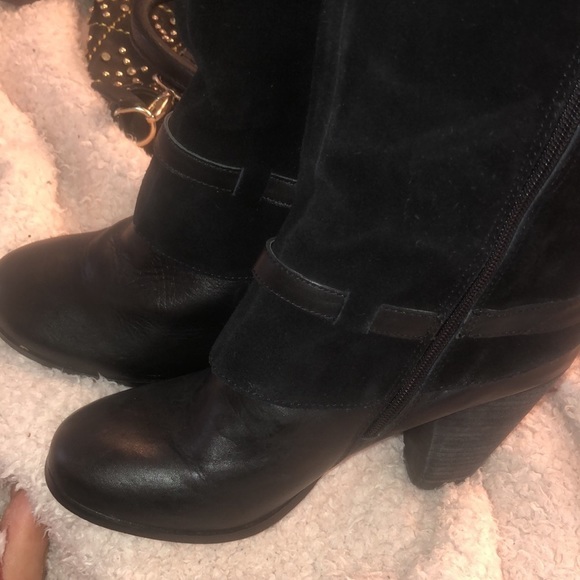 Kensie Size 10 black leather heeled boots with silver buckle stacked heel - Picture 8 of 11